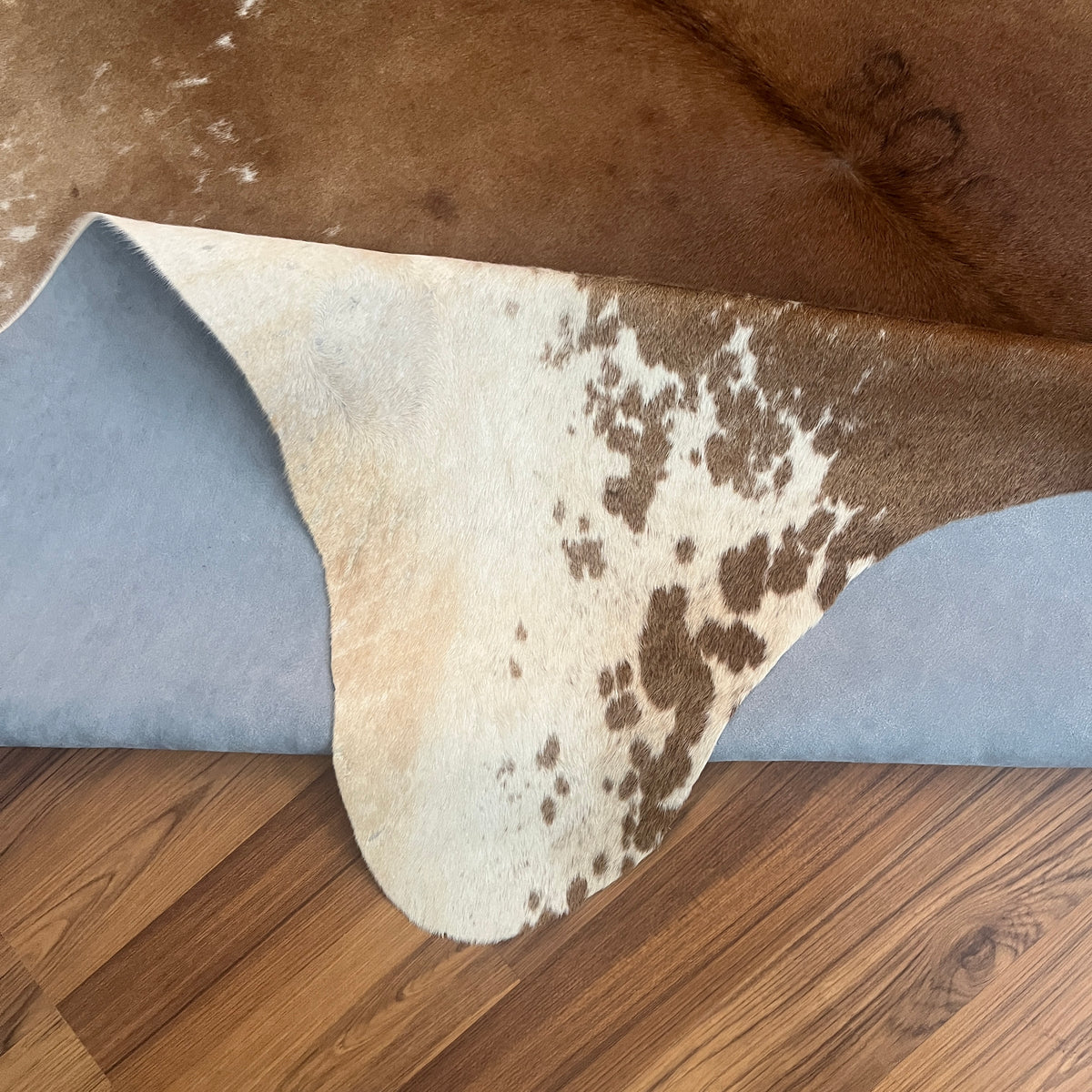 Close-up texture of Brown and White cowhide rug — Large irregular chocolate brown patches over cream and white base with natu