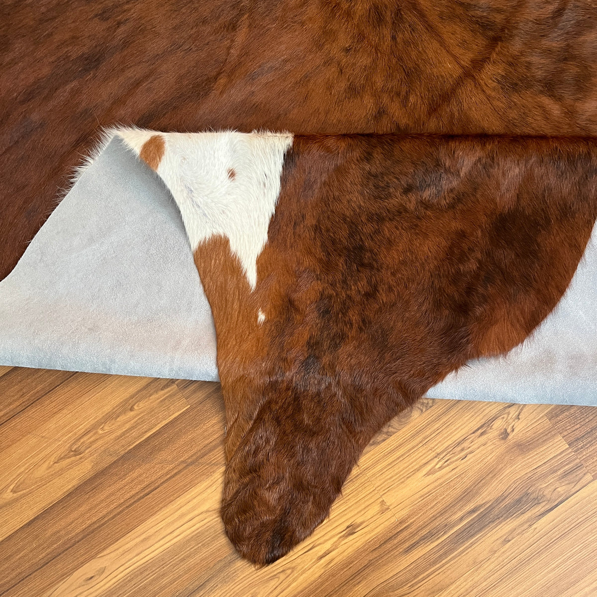 Close-up texture of Brown and White cowhide rug — Large irregular dark brown patches with white markings on natural hide
