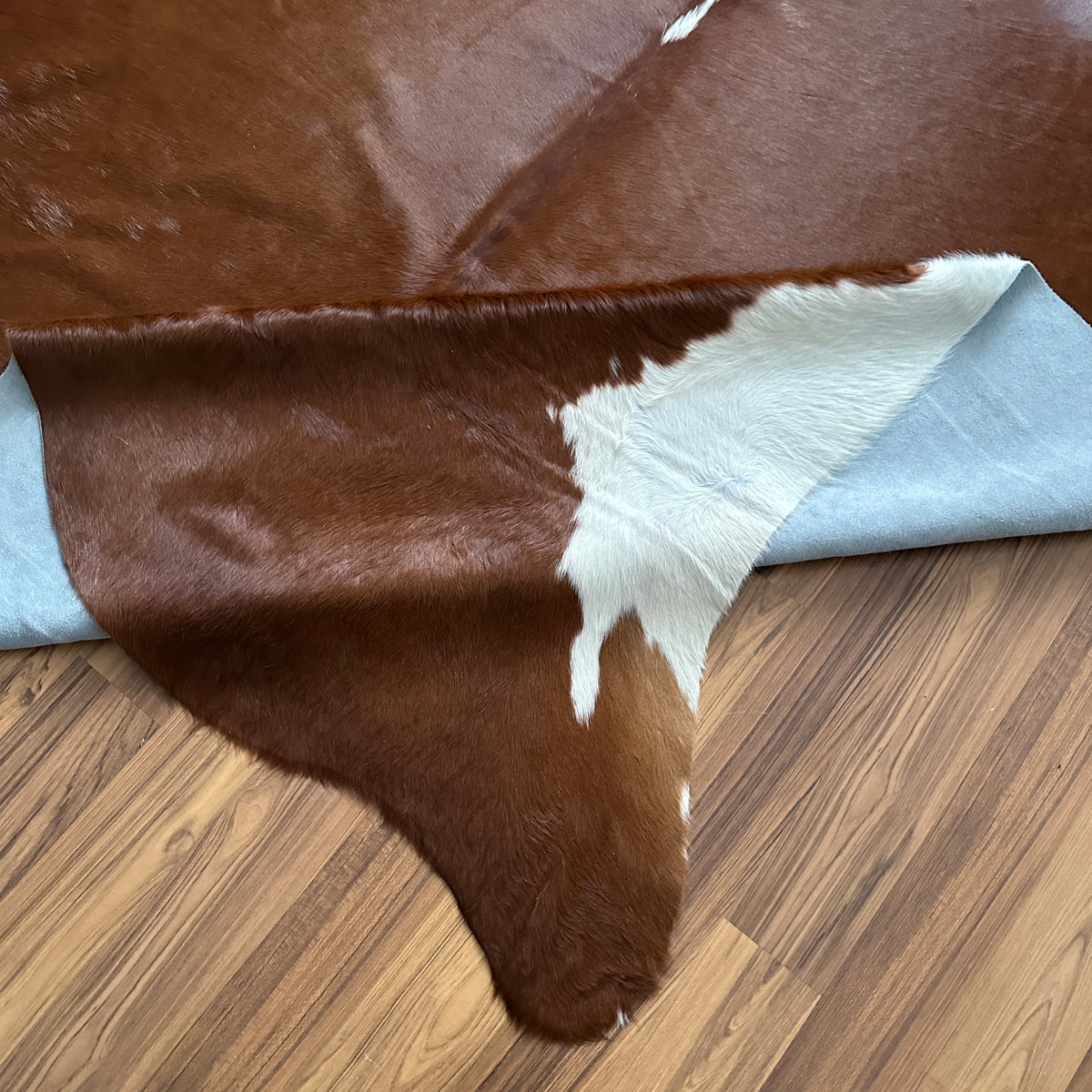 Close-up texture of Brown and White cowhide rug — Large irregular chocolate brown patches over cream and white base