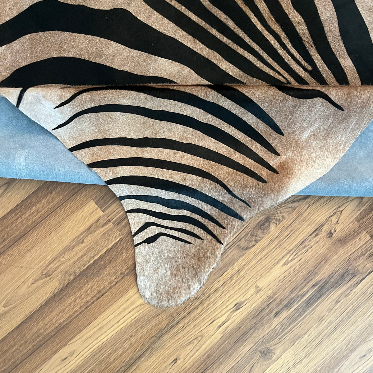 Close-up texture of Brown and White zebra print cowhide rug — Bold black stripes radiating from center over cream and light t