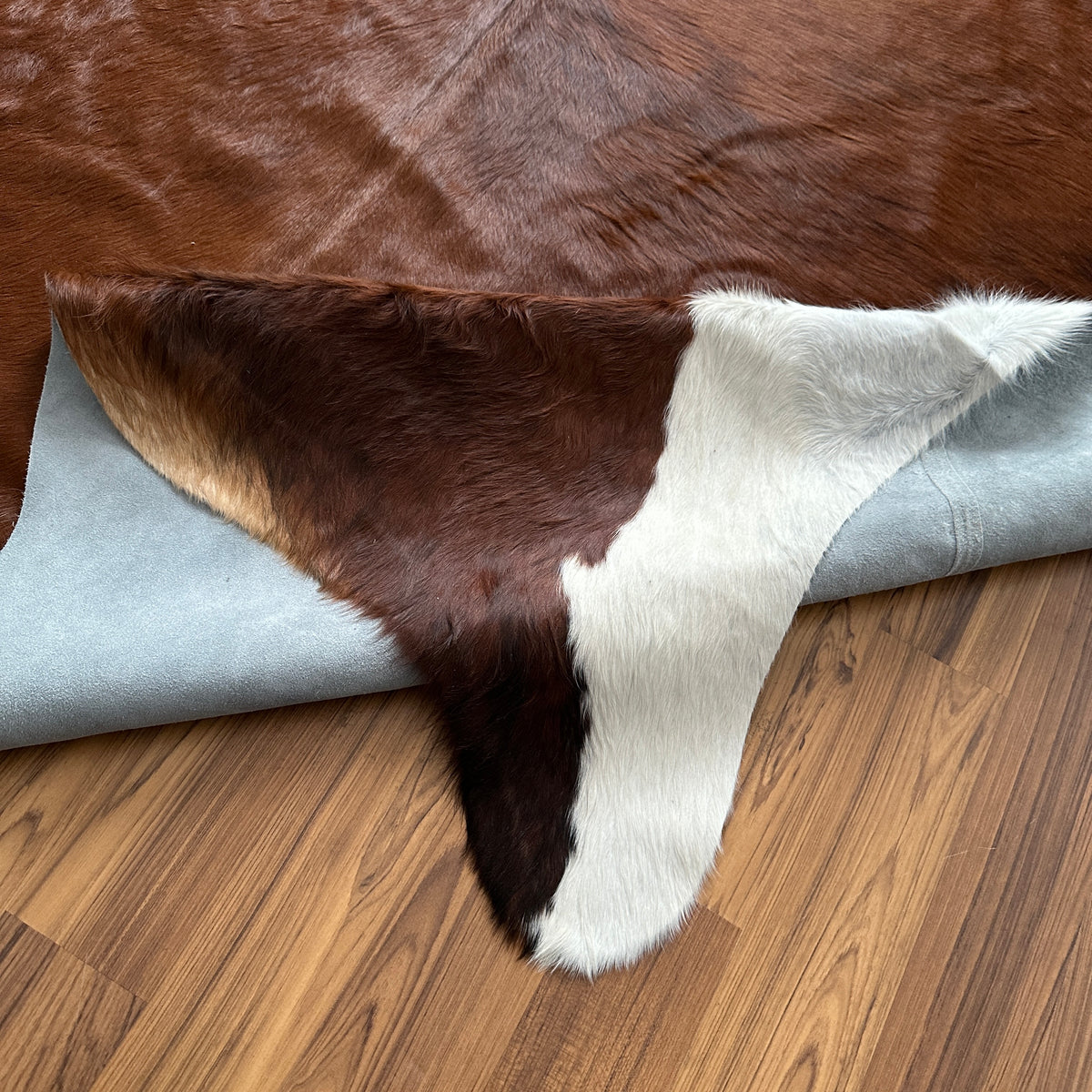 Close-up texture of Brown and White cowhide rug — Large irregular dark brown patches with white accents on natural tan base