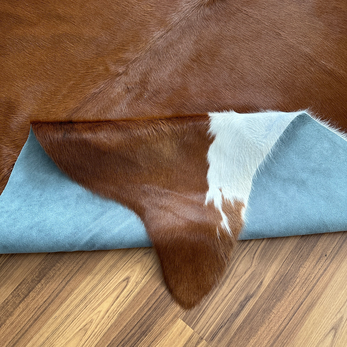 Close-up texture of Brown and White cowhide rug — Large irregular chocolate brown patches with white markings across the hide