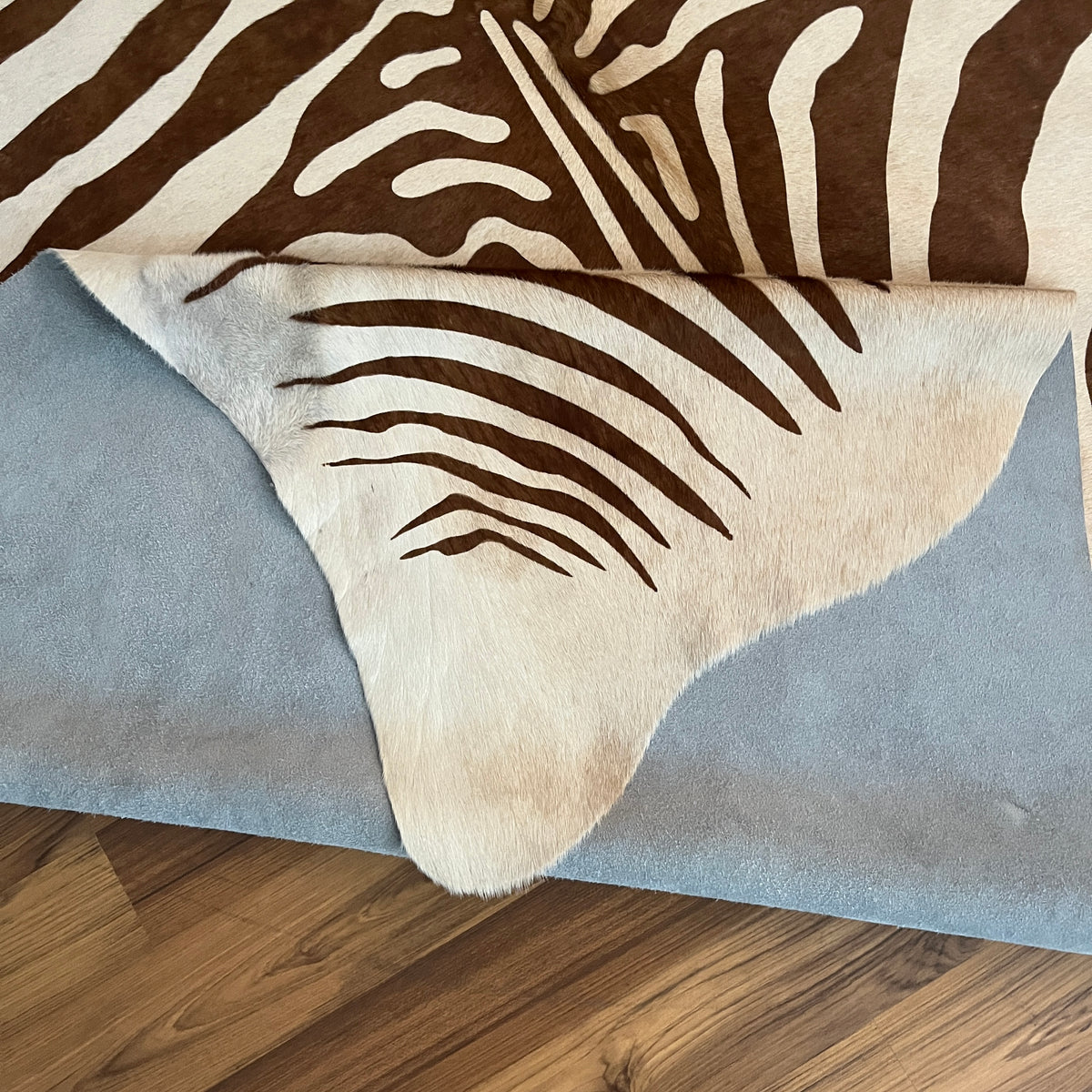 Close-up texture of Brown and White zebra print cowhide rug — Bold zebra-stripe pattern with radiating dark brown stripes on 