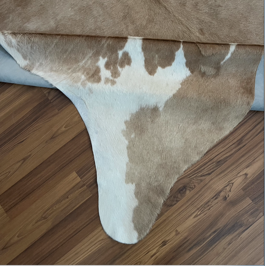 Close-up texture of Brown and White cowhide rug — Large irregular tan and white patches over natural hide base