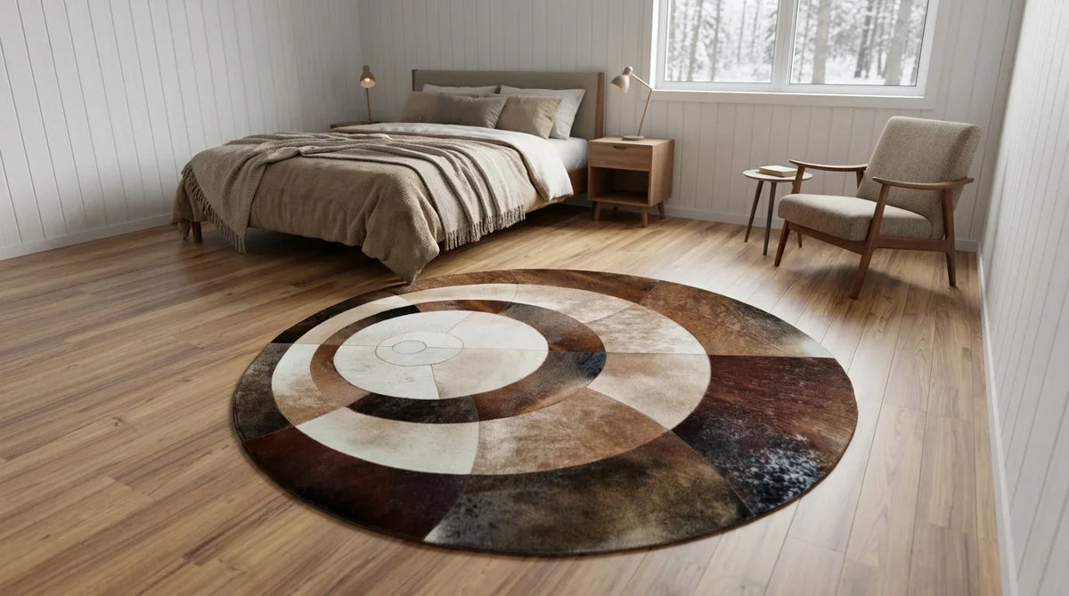 Brown and White round cowhide rug beside bed in scandinavian cabin bedroom