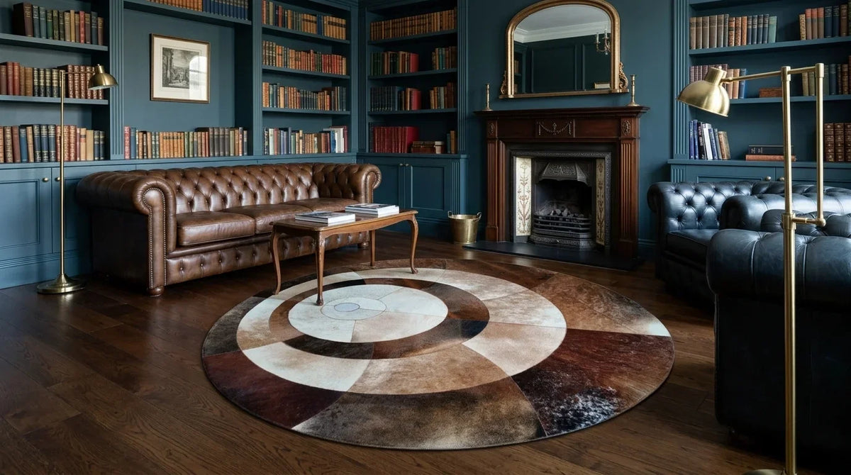 Brown and White round cowhide rug on hardwood floor in london townhouse living room