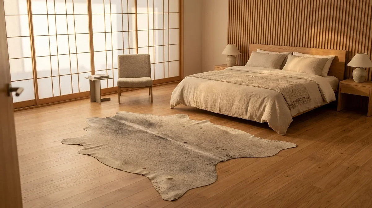 Grey cowhide rug beside bed in tokyo minimal bedroom