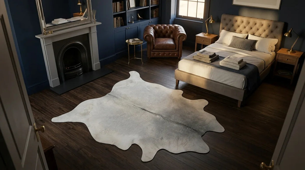 Grey cowhide rug beside bed in london townhouse bedroom
