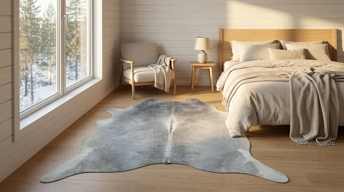 Grey cowhide rug beside bed in scandinavian cabin bedroom