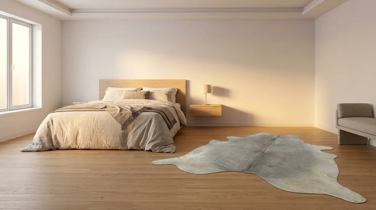 Grey cowhide rug beside bed in contemporary european bedroom
