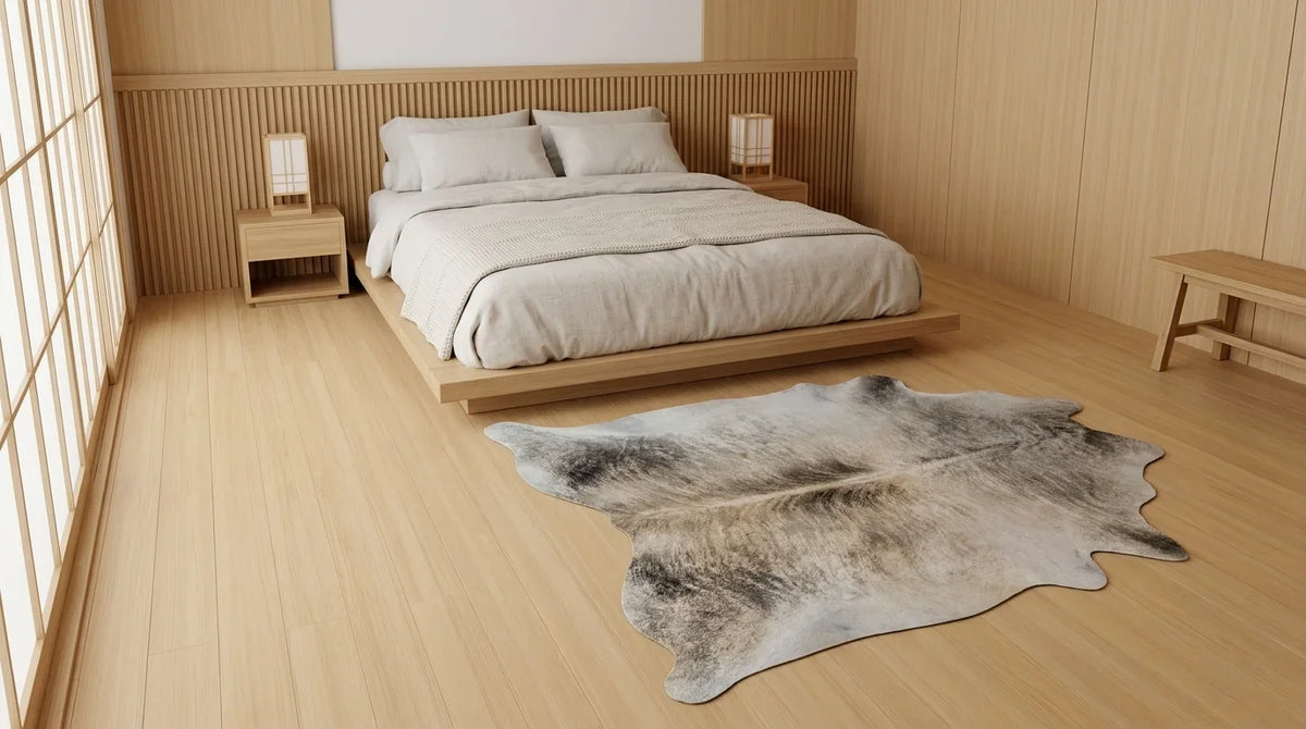 Grey cowhide rug beside bed in tokyo minimal bedroom