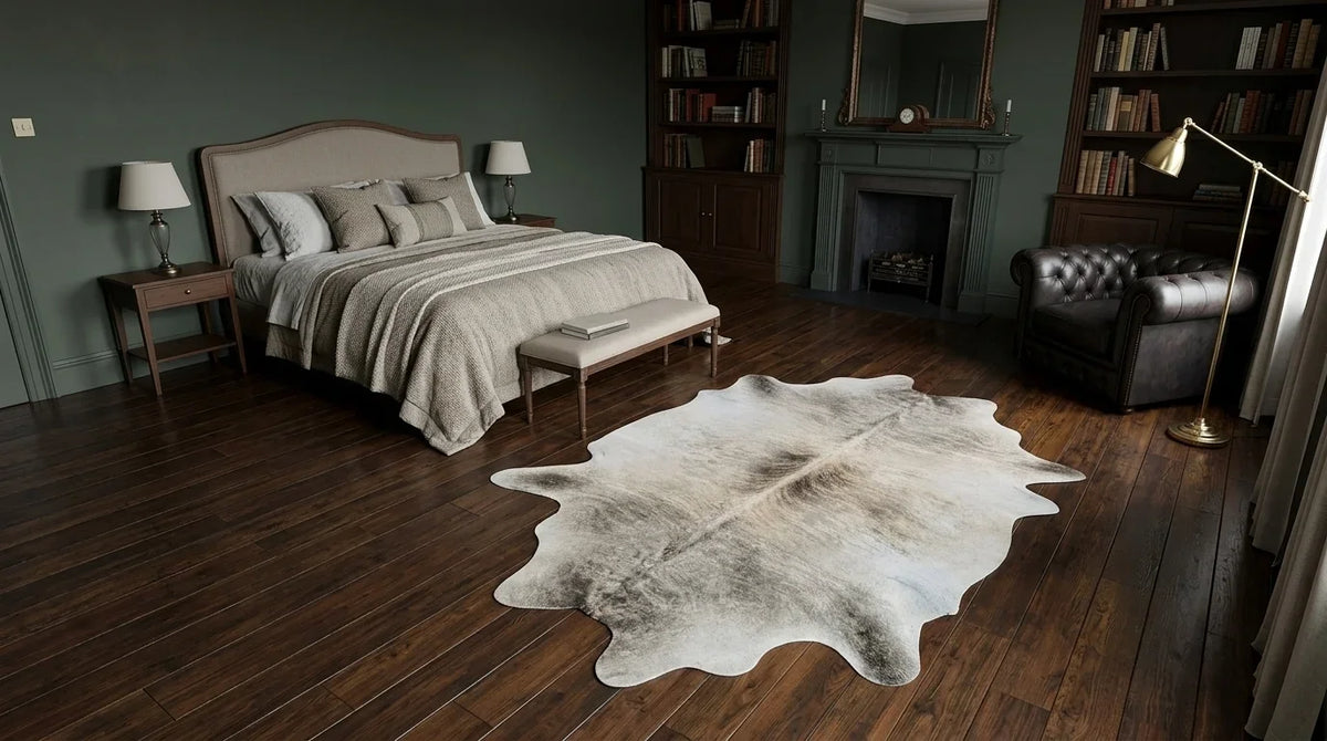 Grey cowhide rug beside bed in london townhouse bedroom