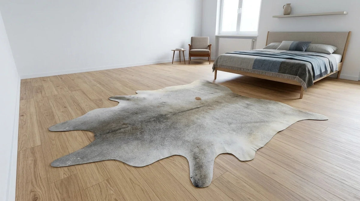 Grey cowhide rug beside bed in contemporary european bedroom