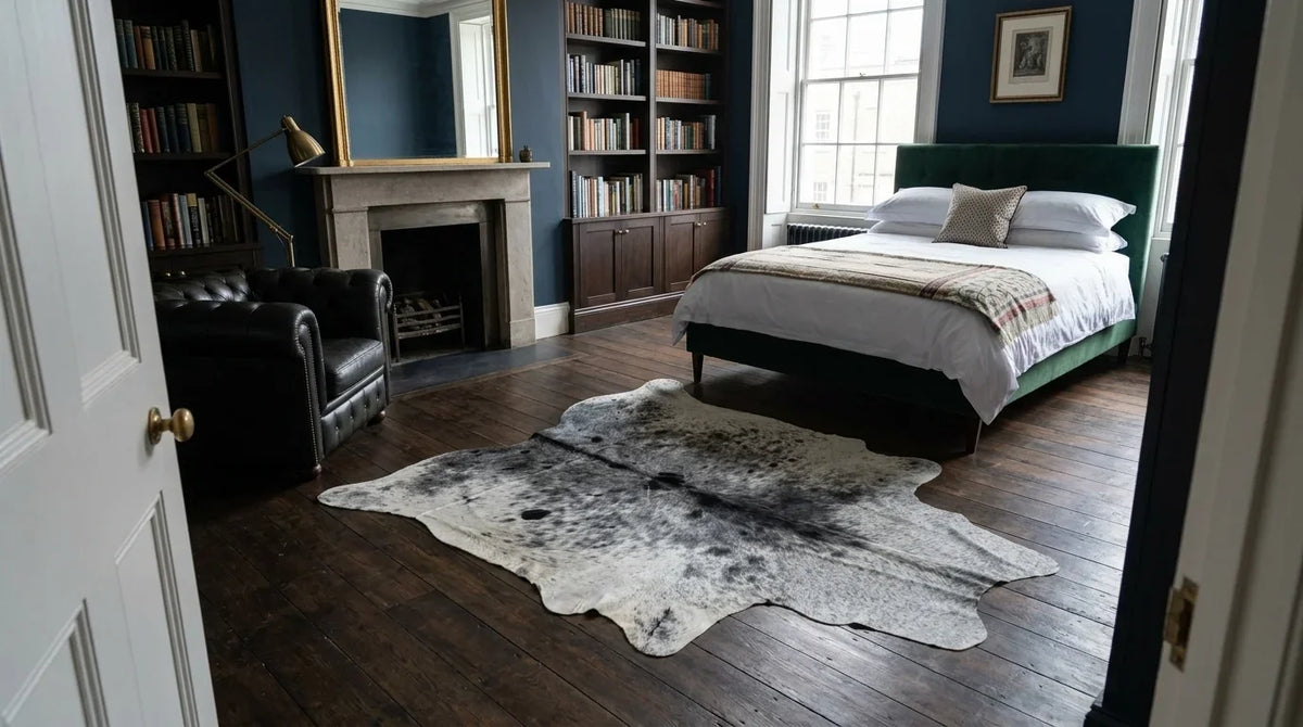 Grey cowhide rug beside bed in london townhouse bedroom