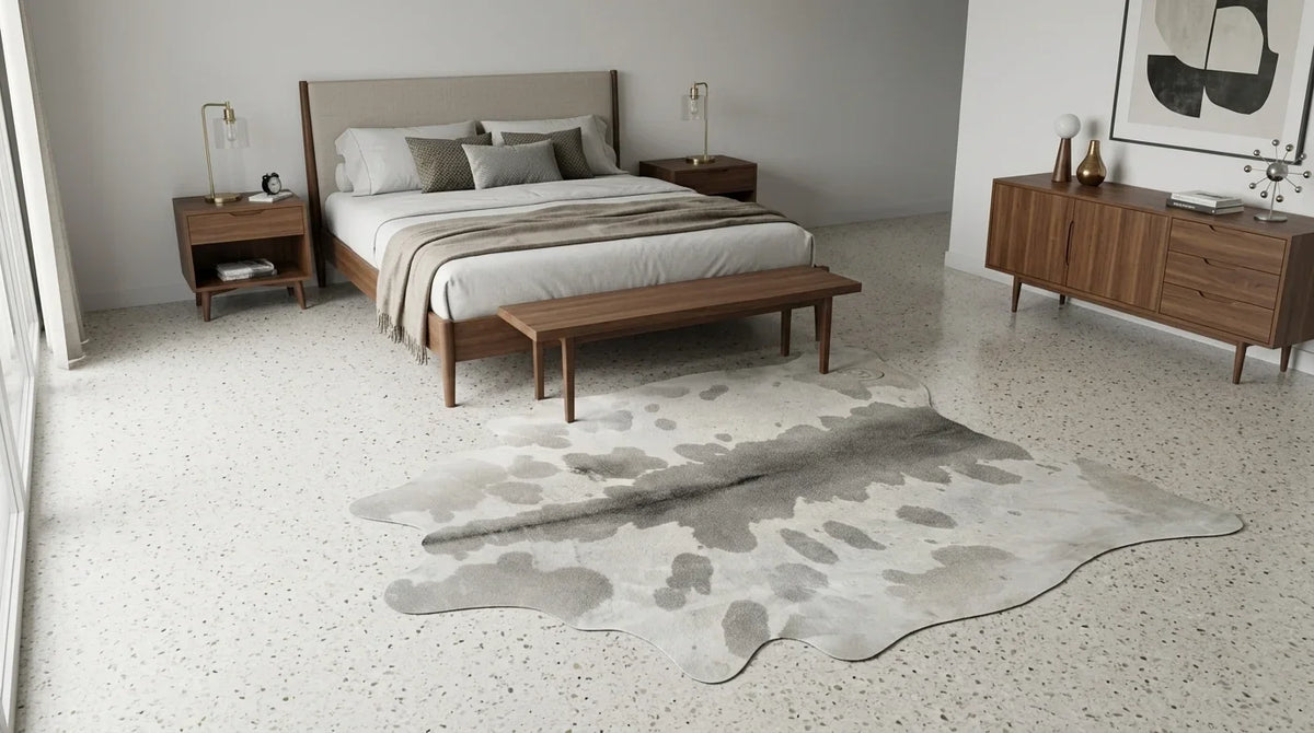 Grey cowhide rug beside bed in midcentury modern bedroom