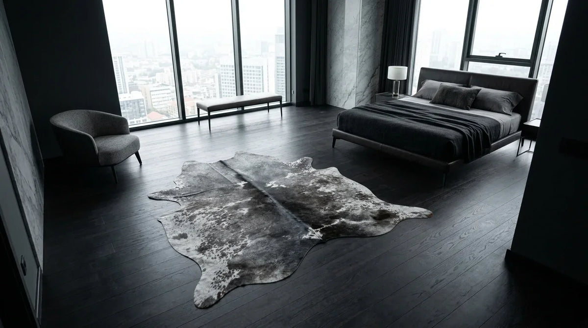 Grey cowhide rug beside bed in milano penthouse bedroom