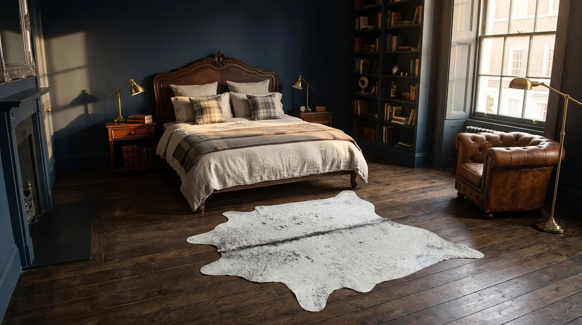 Grey cowhide rug beside bed in london townhouse bedroom