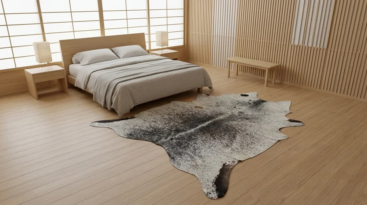 Kuhfell in Grau im Schlafzimmer im minimalistischen Tokio-Stil