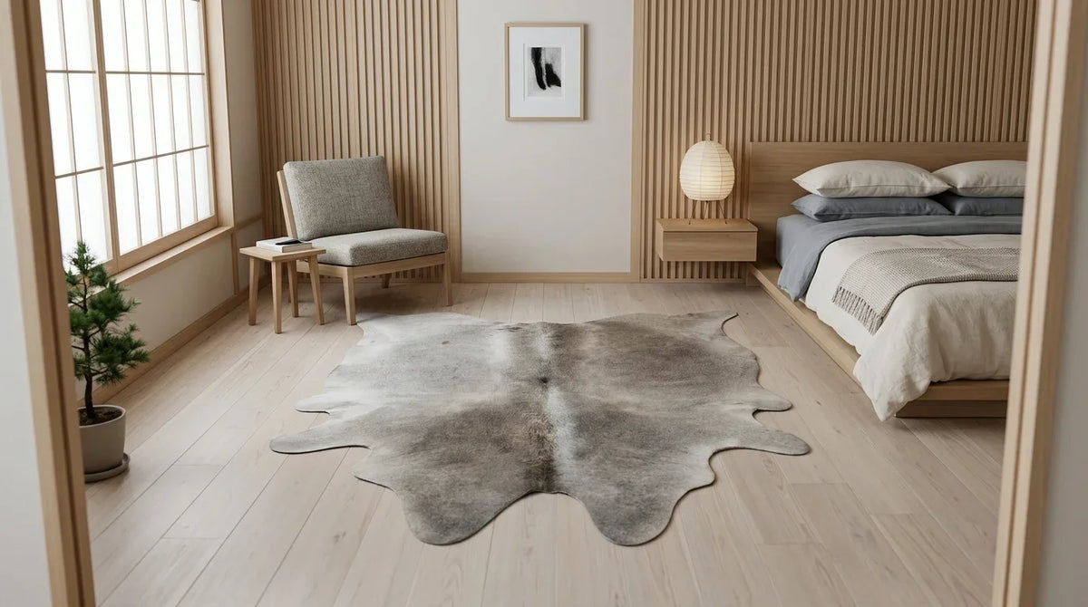 Grey cowhide rug beside bed in tokyo minimal bedroom