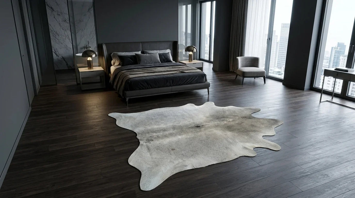 Grey cowhide rug beside bed in milano penthouse bedroom