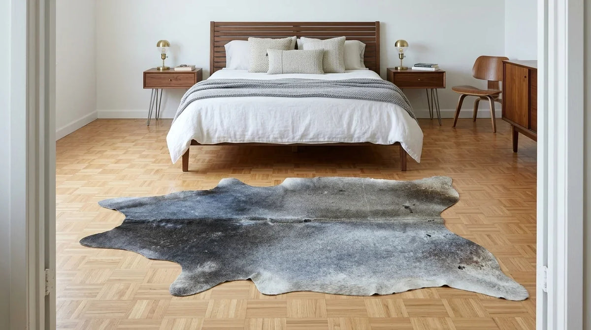 Grey cowhide rug beside bed in midcentury modern bedroom