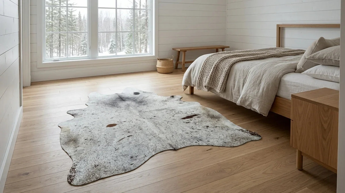 Grey cowhide rug beside bed in scandinavian cabin bedroom