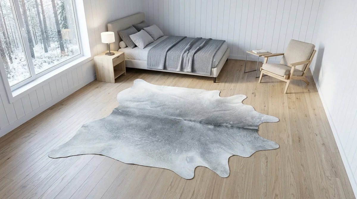 Grey cowhide rug beside bed in scandinavian cabin bedroom