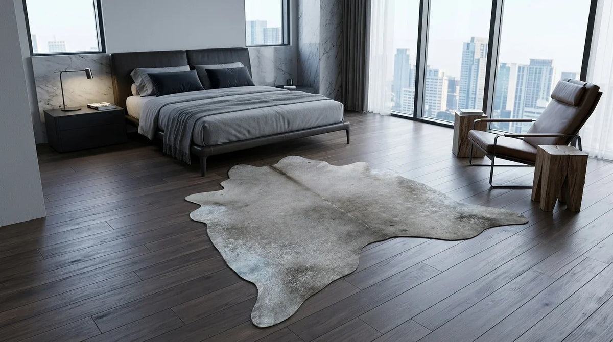 Grey cowhide rug beside bed in milano penthouse bedroom