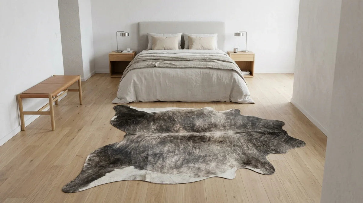 Grey cowhide rug beside bed in contemporary european bedroom