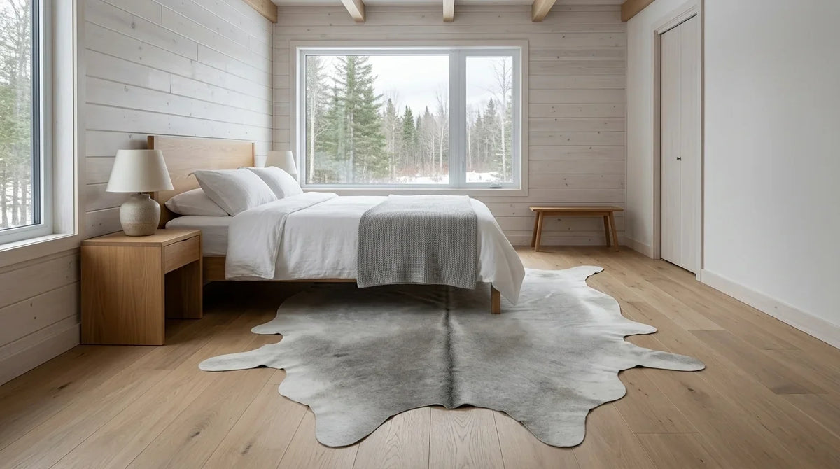 Grey cowhide rug beside bed in scandinavian cabin bedroom
