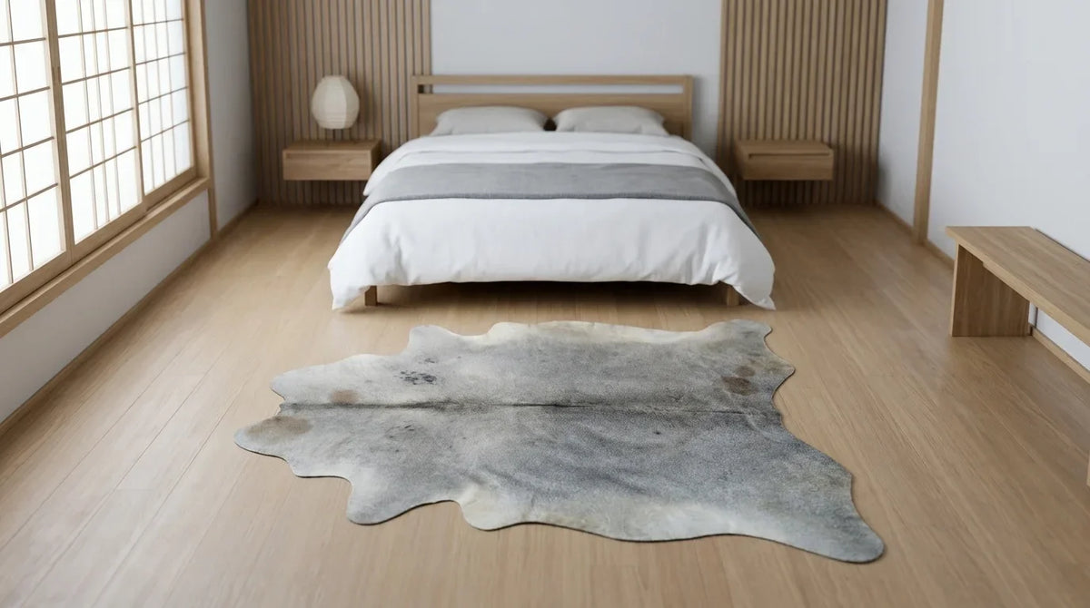 Grey cowhide rug beside bed in tokyo minimal bedroom