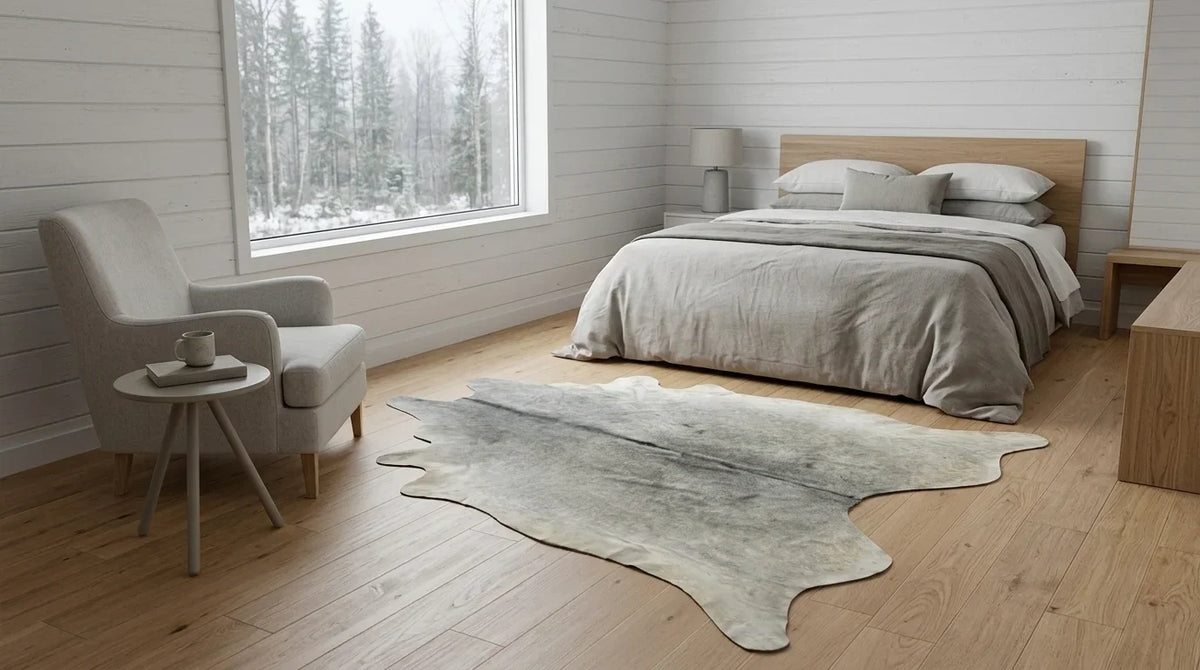 Grey cowhide rug beside bed in scandinavian cabin bedroom