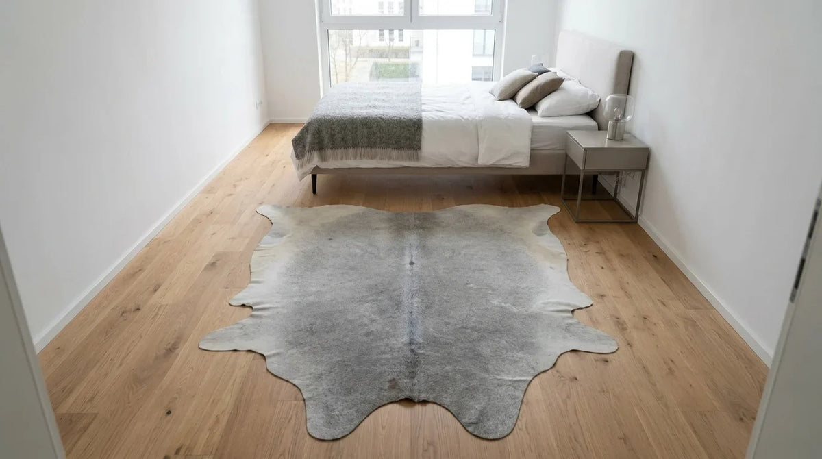 Grey cowhide rug beside bed in contemporary european bedroom