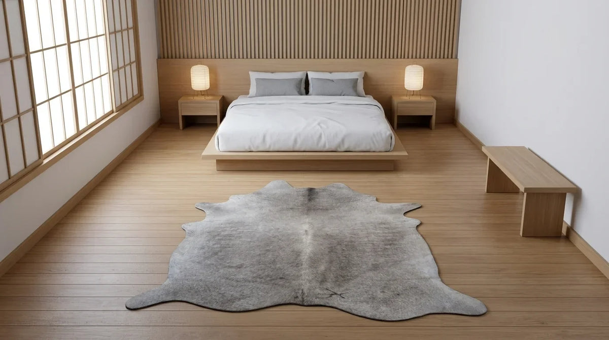 Grey cowhide rug beside bed in tokyo minimal bedroom