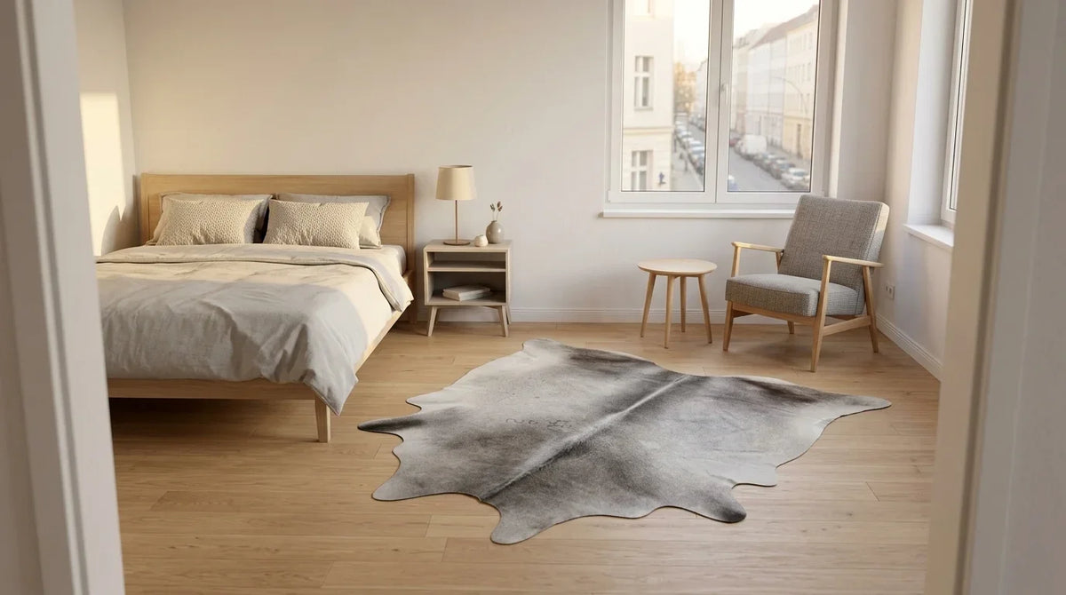 Grey cowhide rug beside bed in contemporary european bedroom