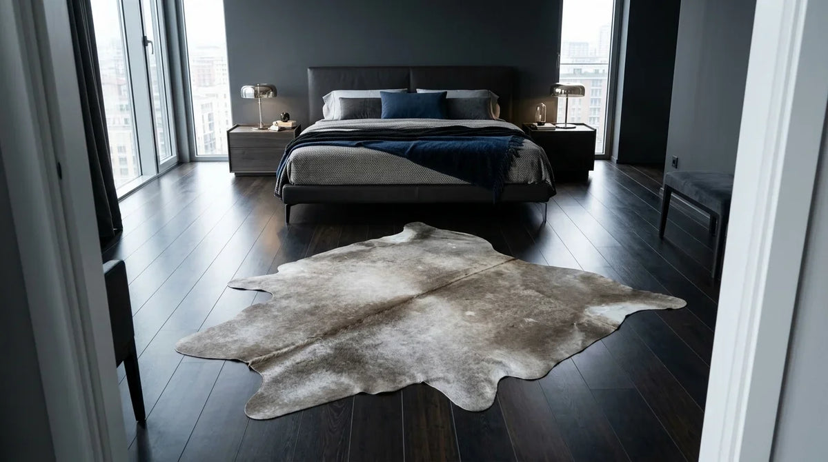 Grey cowhide rug beside bed in milano penthouse bedroom