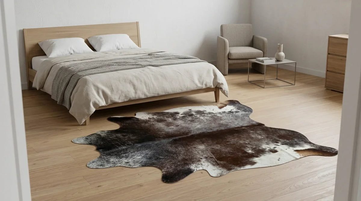 Kuhfell in Grau im Schlafzimmer im zeitgenössischen europäischen Stil