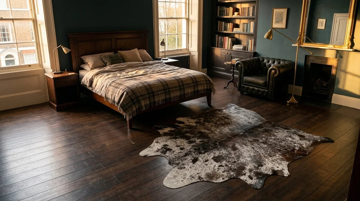Kuhfell in Grau im Schlafzimmer im Londoner Stadthaus-Stil