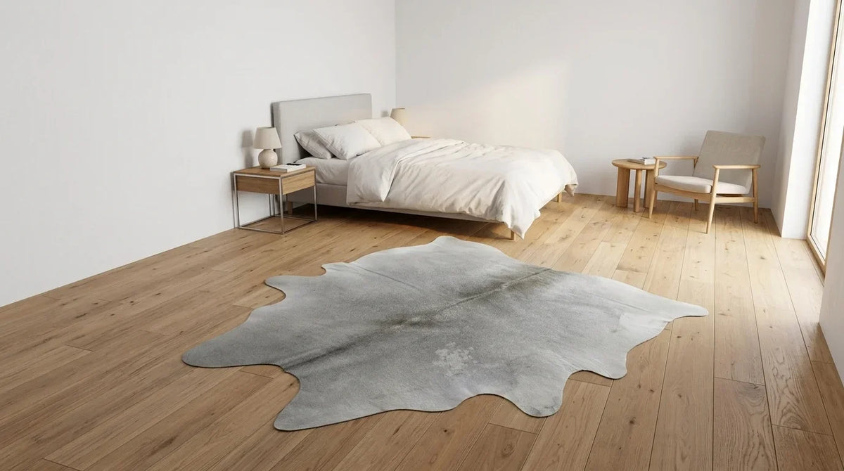 Grey cowhide rug beside bed in contemporary european bedroom