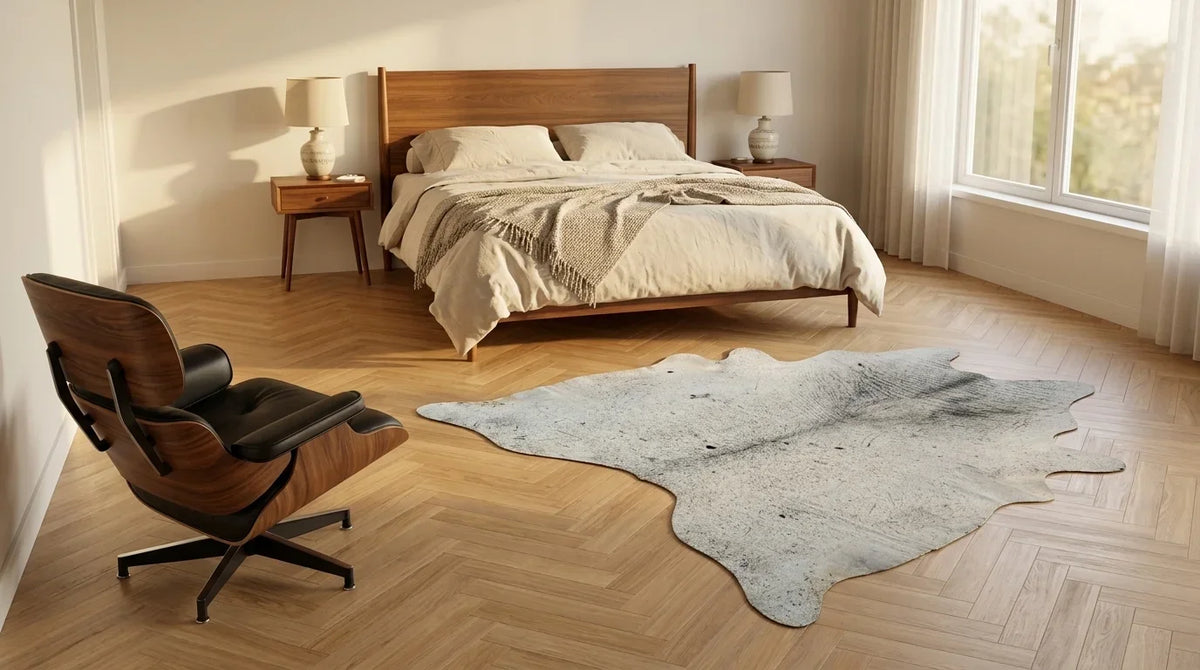 Grey cowhide rug beside bed in midcentury modern bedroom