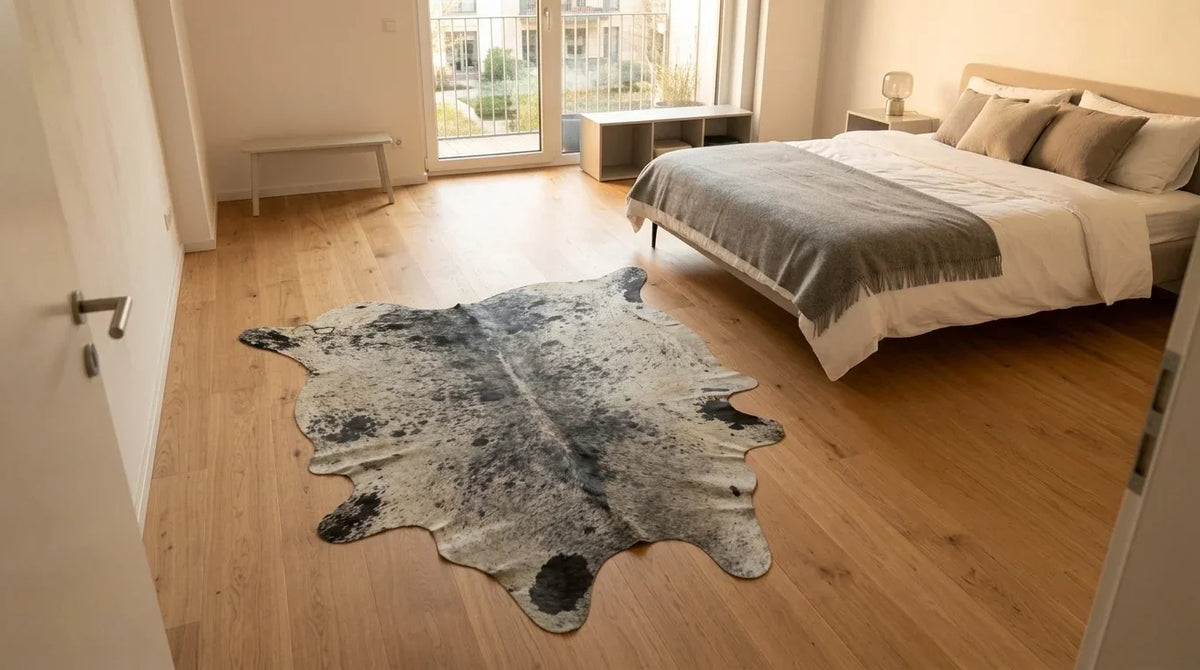 Grey cowhide rug beside bed in contemporary european bedroom