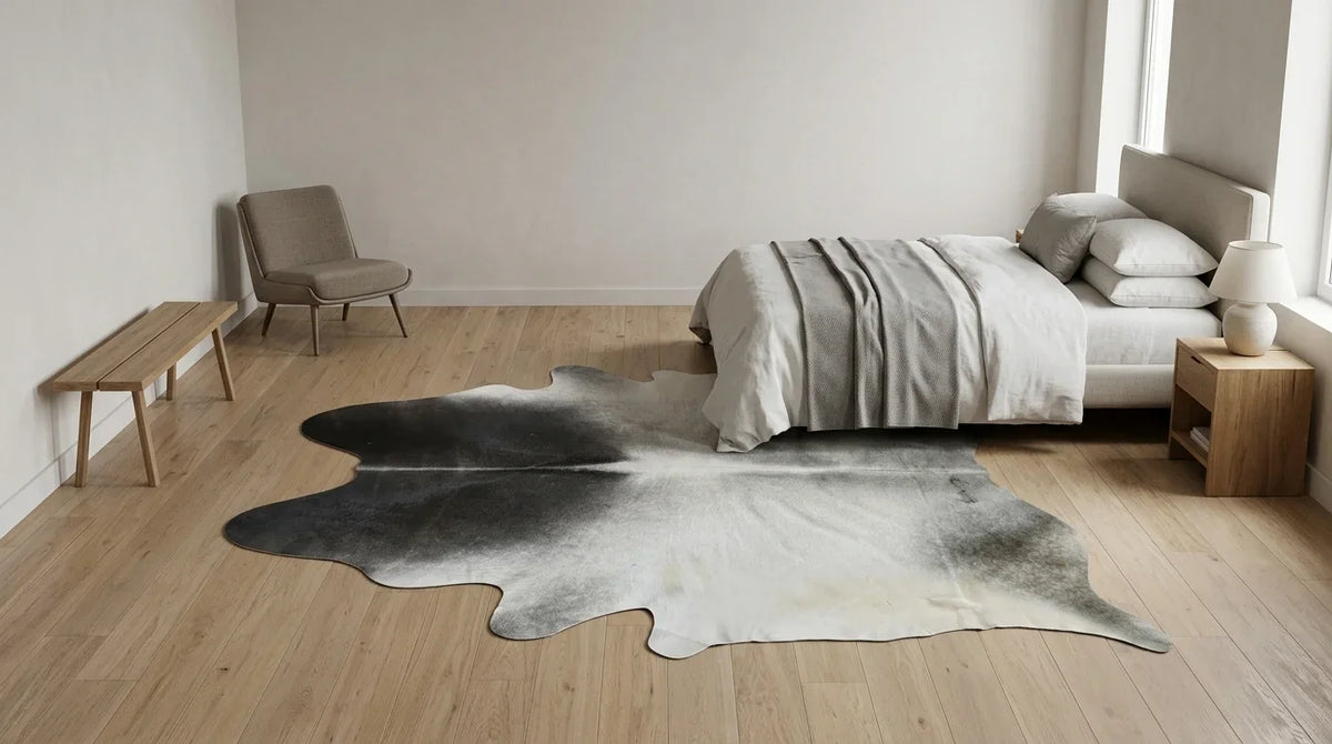 Grey cowhide rug beside bed in contemporary european bedroom