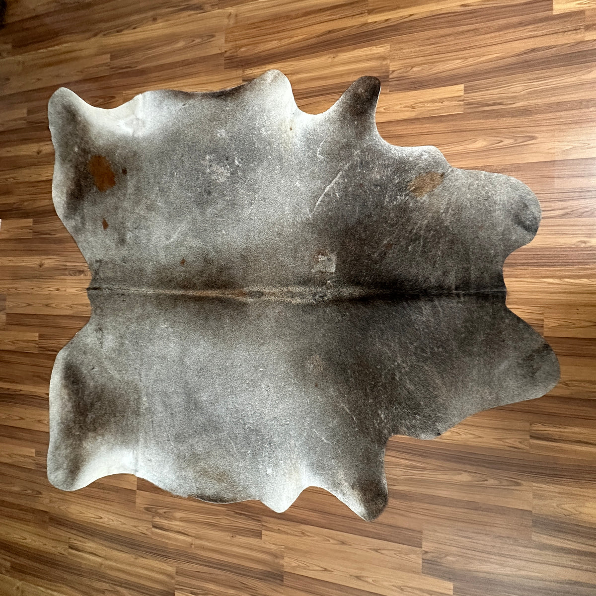 Grey cowhide rug, full overhead view — Large irregular patches with warm brown undertones over light grey base