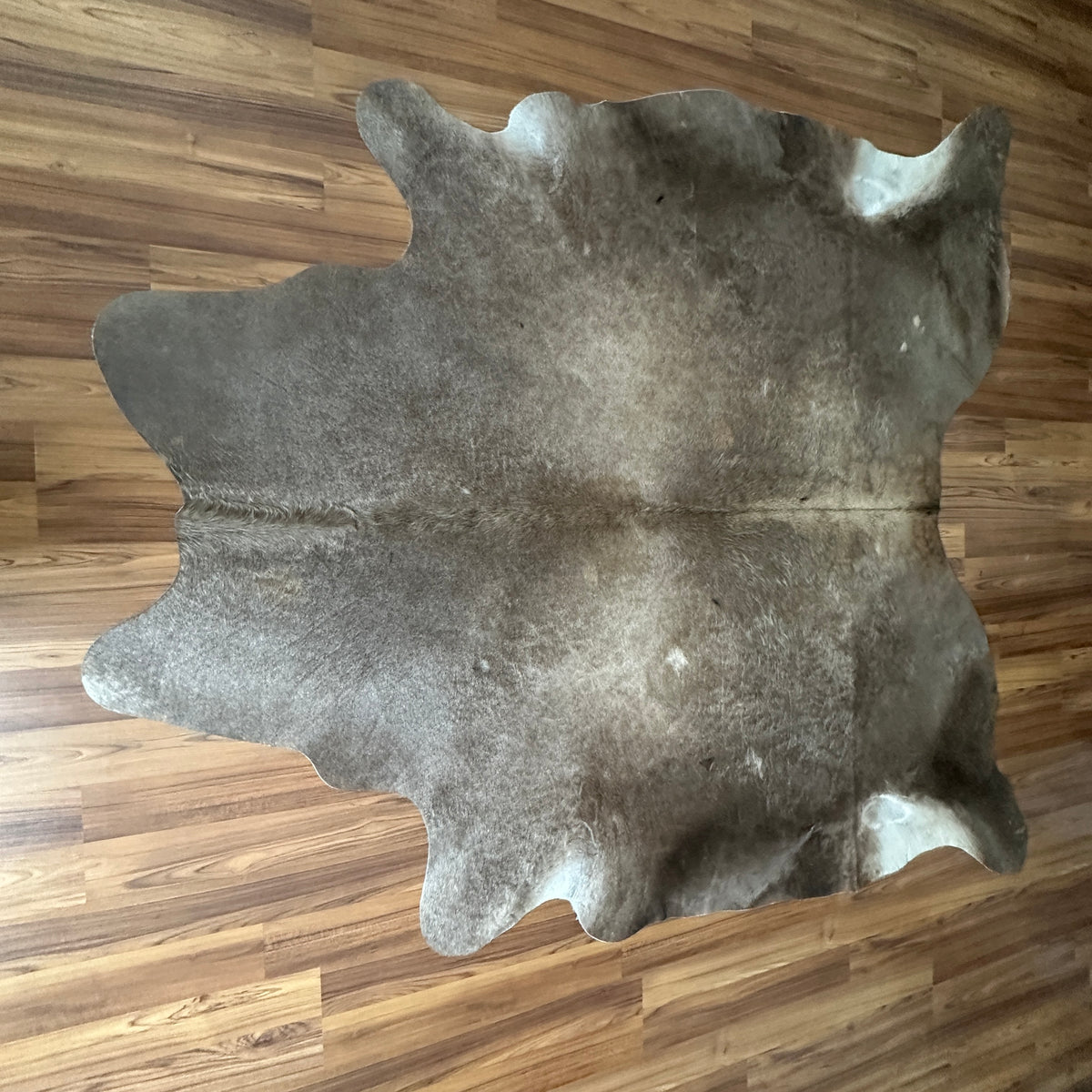 Grey cowhide rug, full overhead view — Large irregular grey and white patches with natural mottled texture