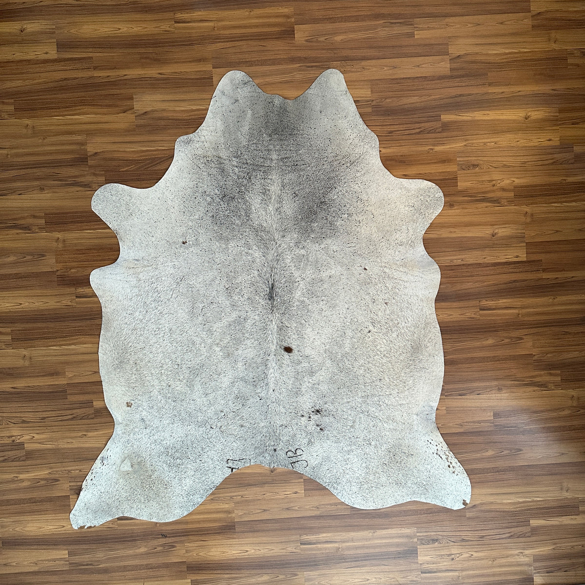 Grey cowhide rug, full overhead view — Fine salt-and-pepper speckle throughout with darker concentrate along the spine