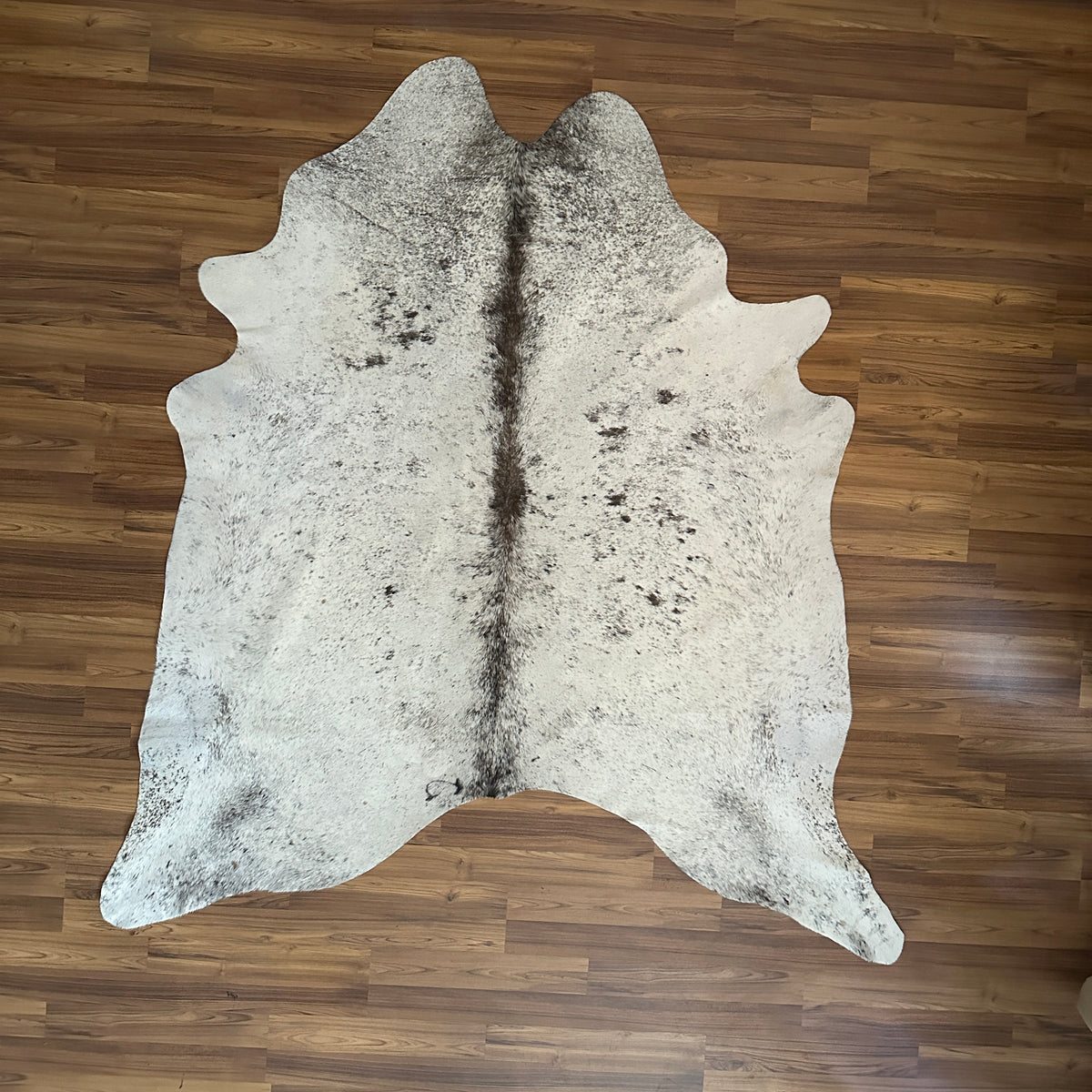 Grey cowhide rug, full overhead view — Fine salt and pepper speckle with darker mottled patches throughout cream base