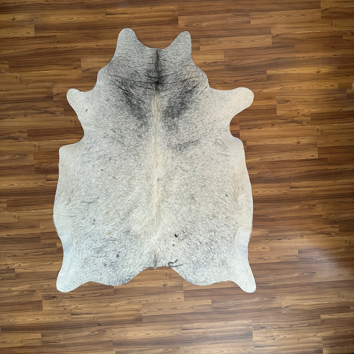 Grey cowhide rug, full overhead view — Fine salt and pepper speckle with darker grey streaking along the dorsal line