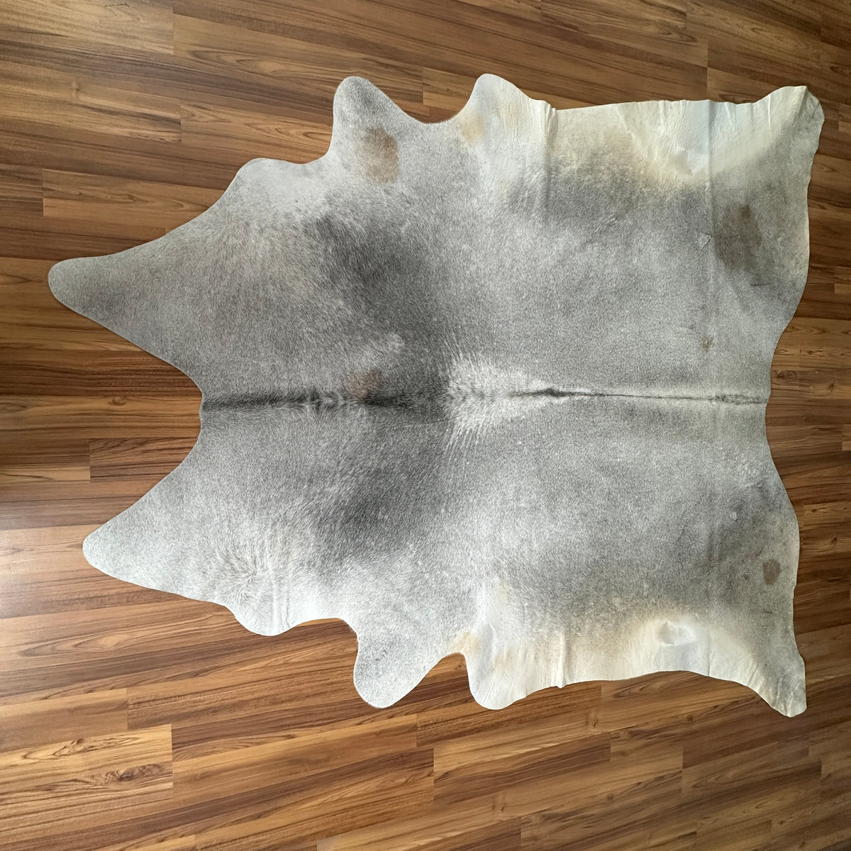 Grey cowhide rug, full overhead view — Large irregular patches and mottled markings over light cream and grey base