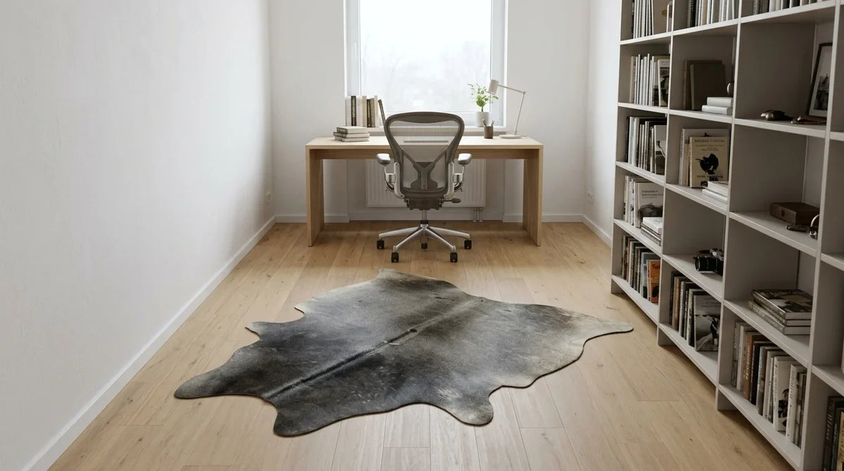 Grey cowhide rug under desk in contemporary european home office