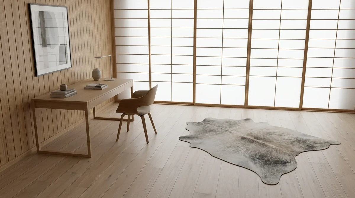 Grey cowhide rug under desk in tokyo minimal home office